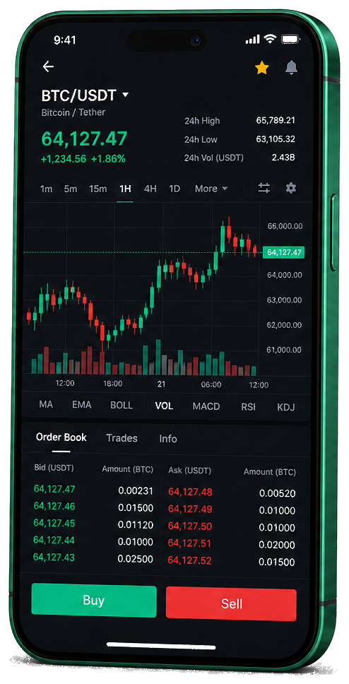 Plataforma de trading Boost 2U Axid en dispositivo móvil — gráfico BTC/USDT en directo, libro de órdenes e interfaz para comprar y vender